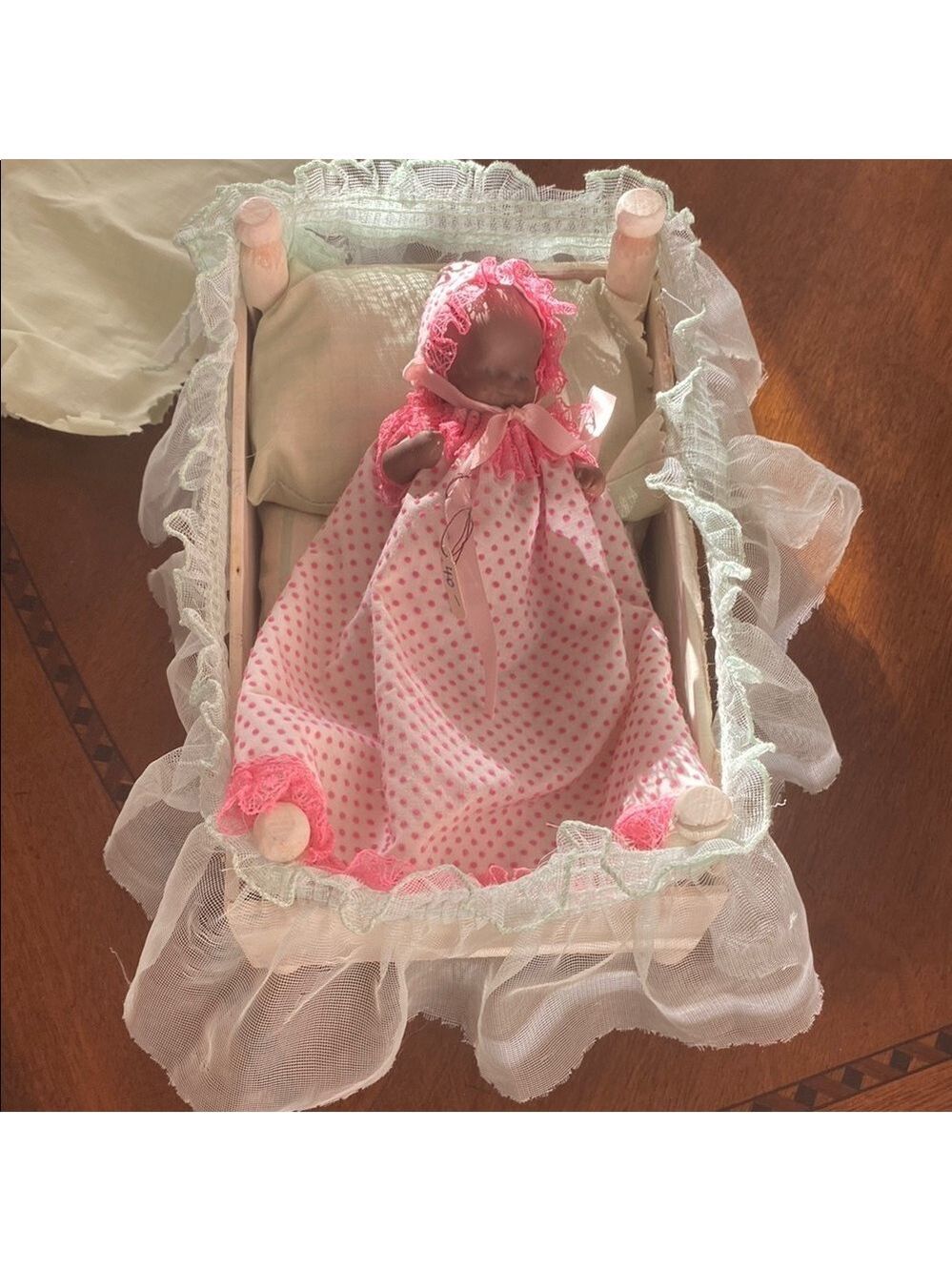 Vintage/rare porcelain African American Doll in Pink Polka Dot Dress with Bonnet